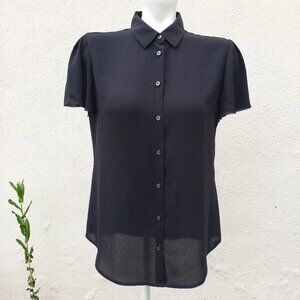 black short sleeve button down silky top with fancy sleeve edging